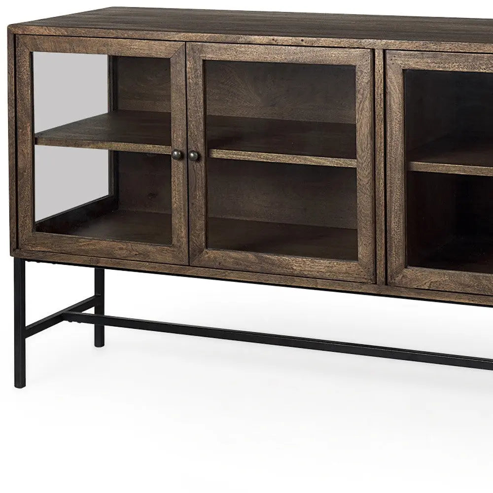 70" Black And Brown Solid Wood Sideboard Soft Close with Four Glass Doors Homeroots Kitchen & Dining