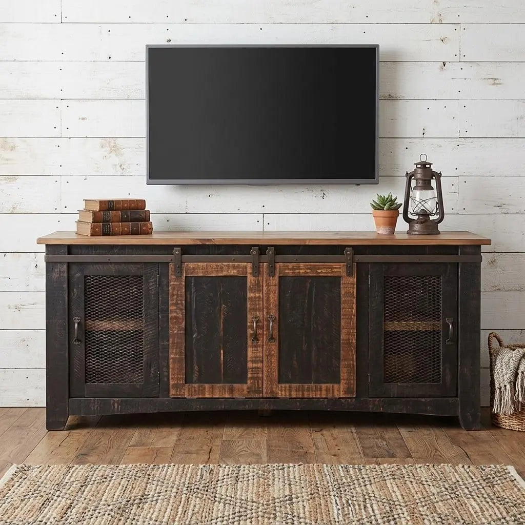 70" Black Solid Wood Cabinet Enclosed Storage Distressed TV Stand Homeroots Living Room