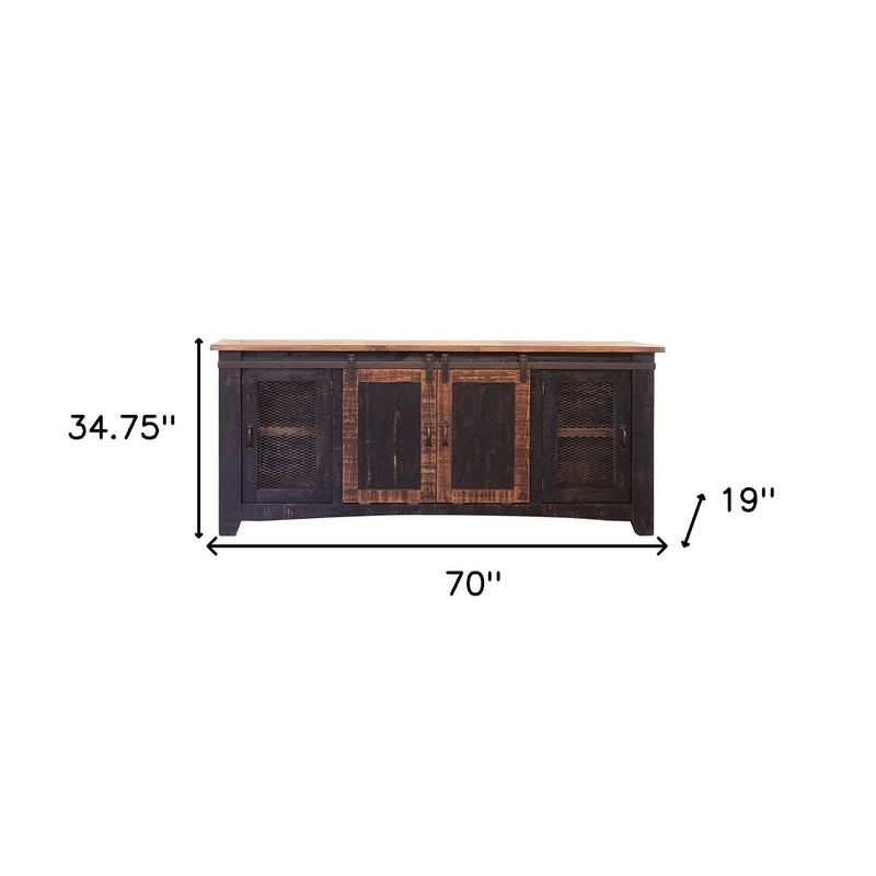 70" Black Solid Wood Cabinet Enclosed Storage Distressed TV Stand Homeroots Living Room
