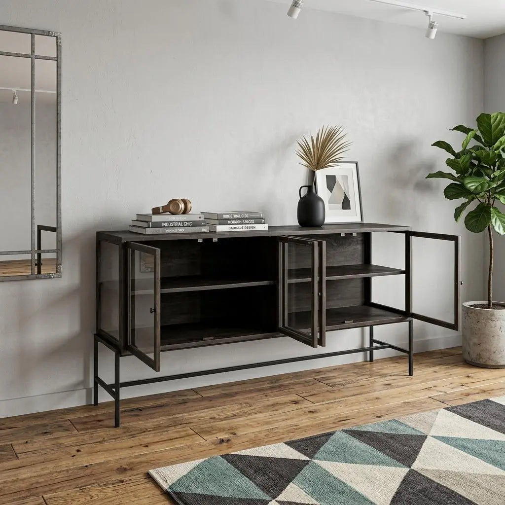 70" Black Solid Wood Sideboard with Four Glass Doors Homeroots Kitchen & Dining