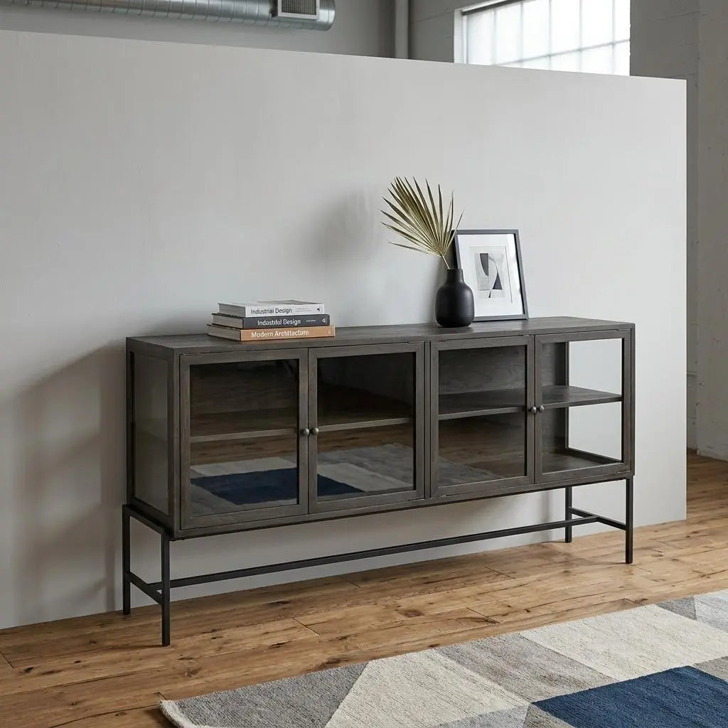 70" Black Solid Wood Sideboard with Four Glass Doors Homeroots Kitchen & Dining