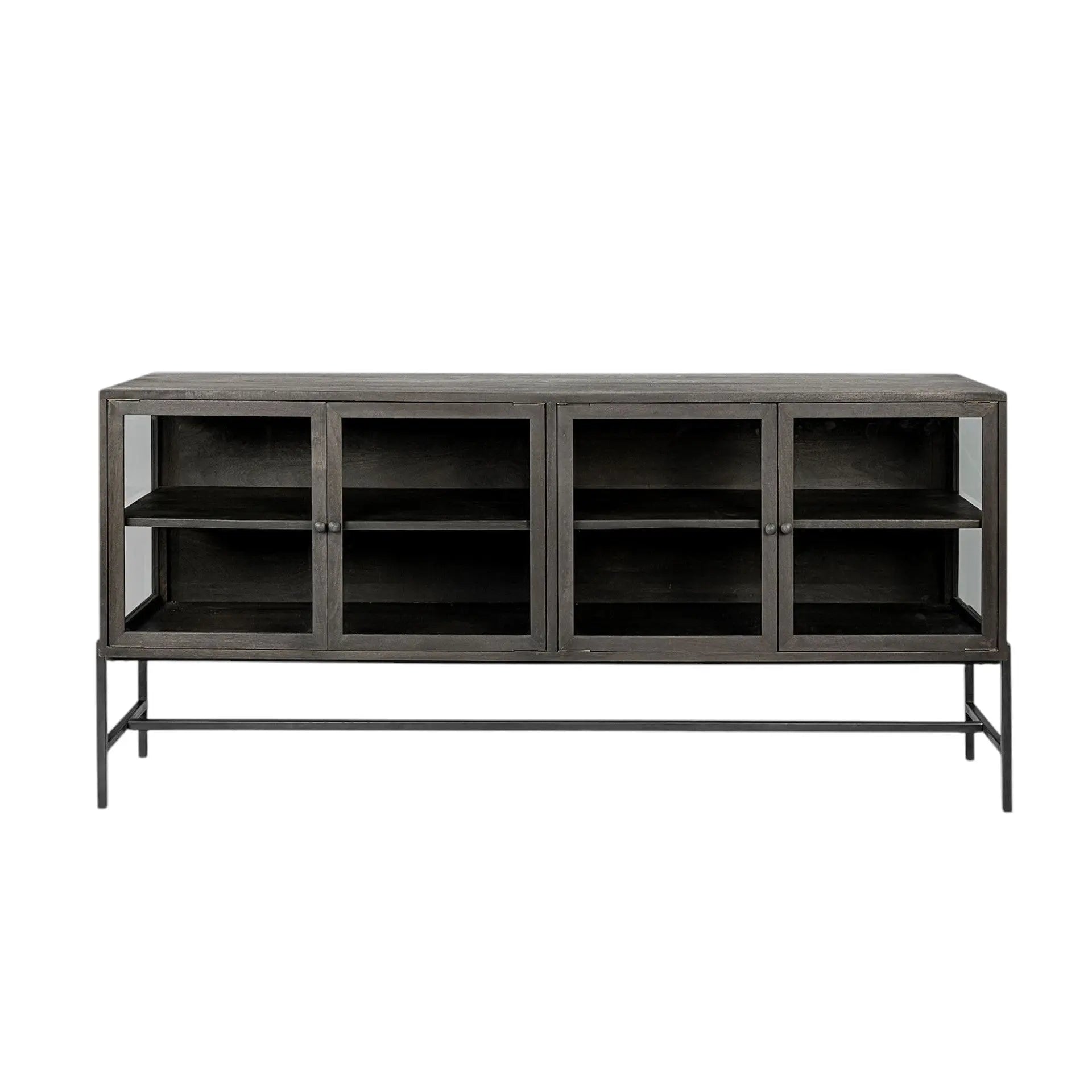 70" Black Solid Wood Sideboard with Four Glass Doors Homeroots Kitchen & Dining