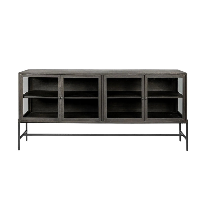 70" Black Solid Wood Sideboard with Four Glass Doors Homeroots Kitchen & Dining