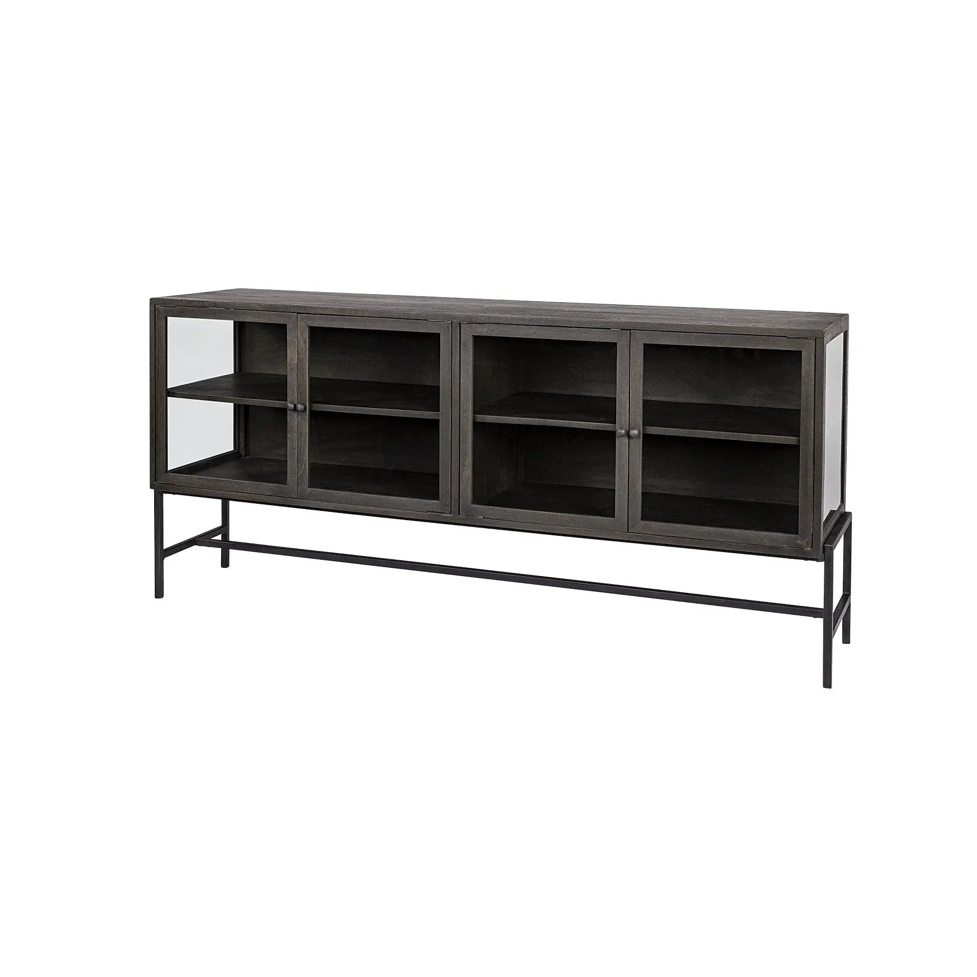 70" Black Solid Wood Sideboard with Four Glass Doors Homeroots Kitchen & Dining