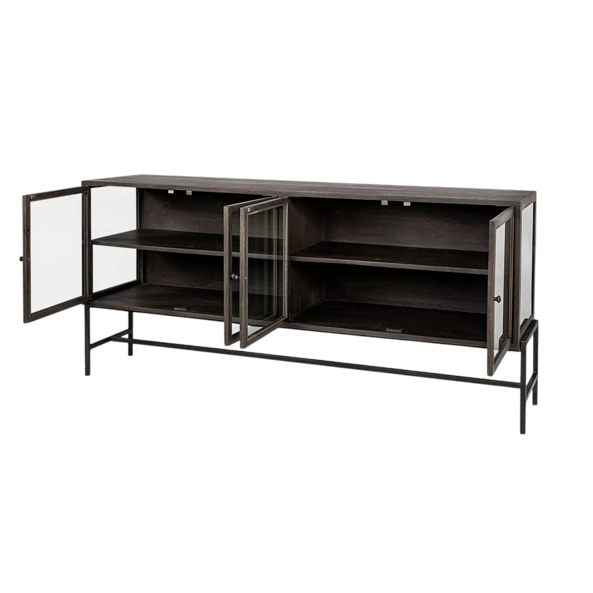 70" Black Solid Wood Sideboard with Four Glass Doors Homeroots Kitchen & Dining