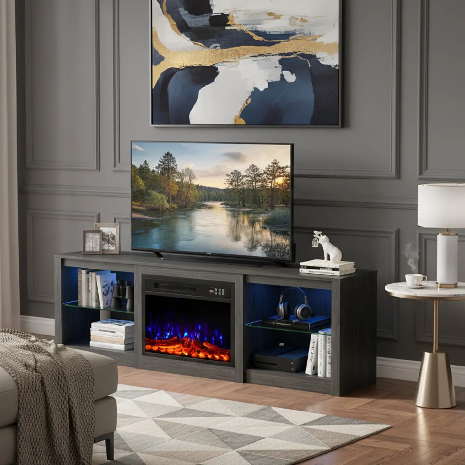 70" Black Wood Fireplace Entertainment Center With Fireplace Homeroots Living Room