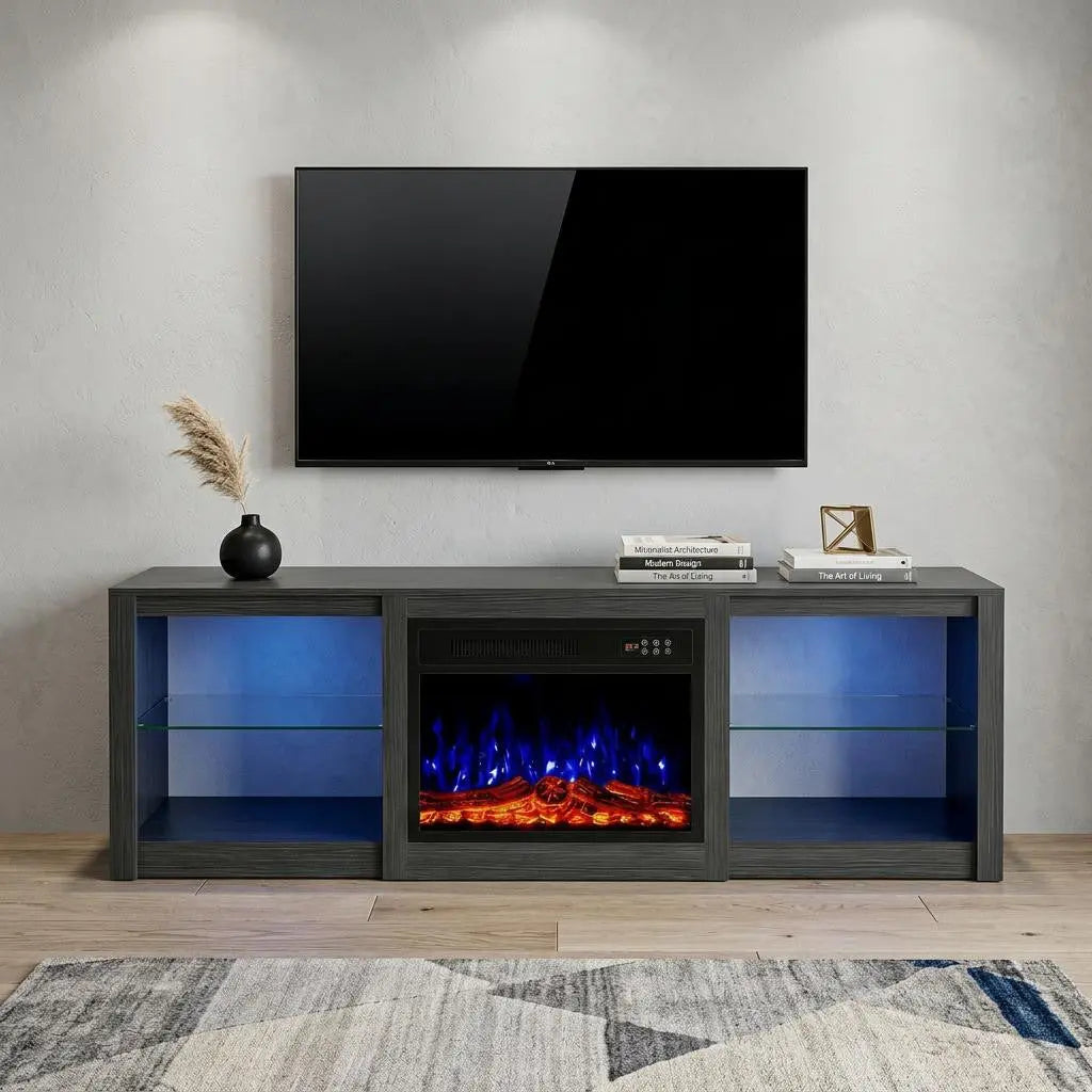 70" Black Wood Fireplace Entertainment Center With Fireplace Homeroots Living Room