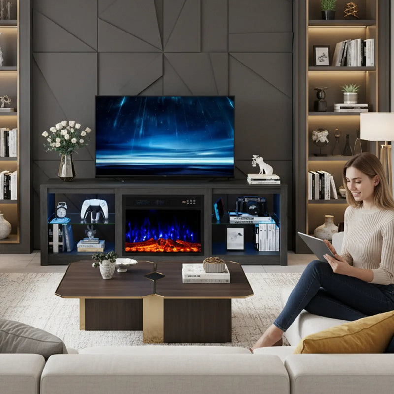 70" Black Wood Fireplace Entertainment Center With Fireplace Homeroots Living Room