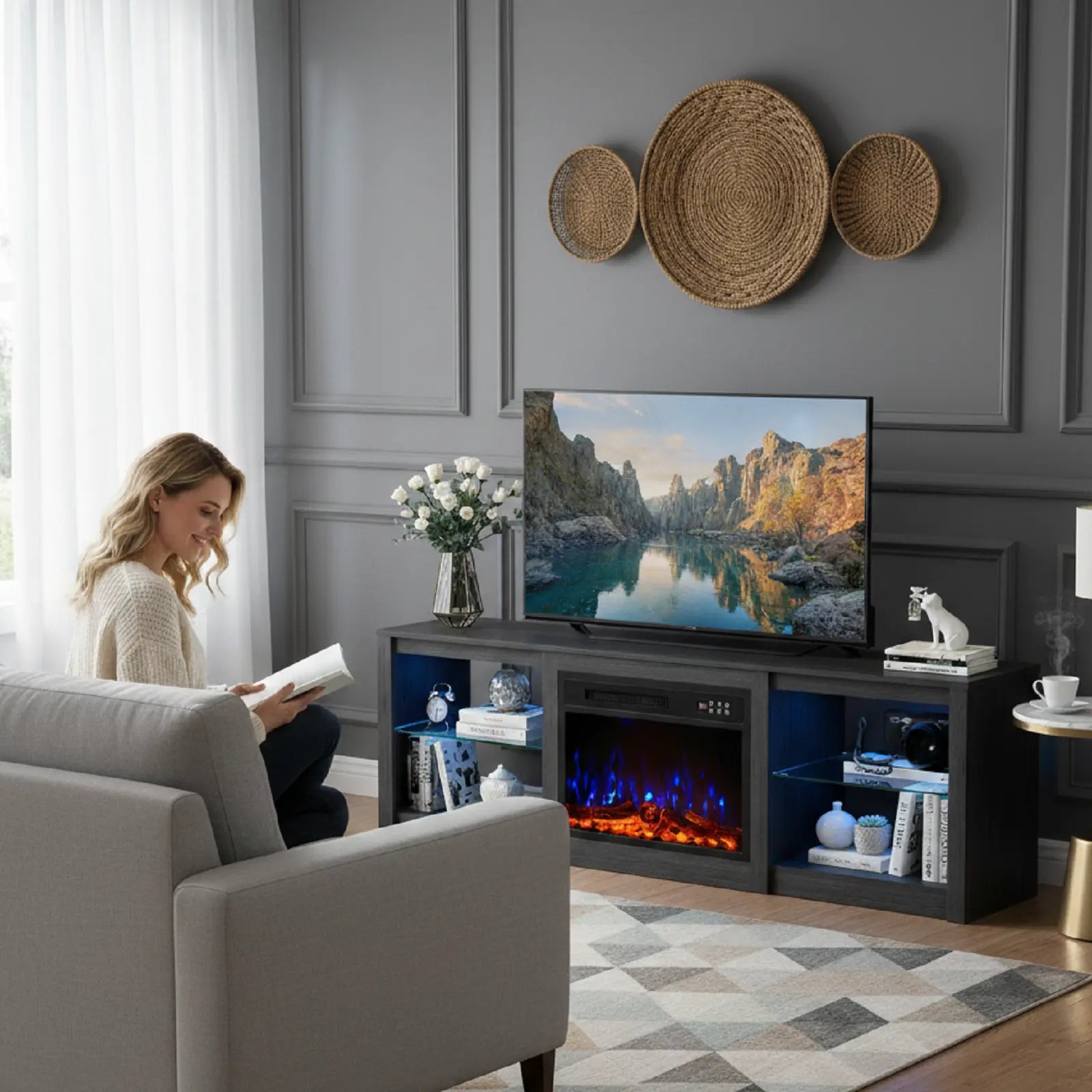 70" Black Wood Fireplace Entertainment Center With Fireplace Homeroots Living Room