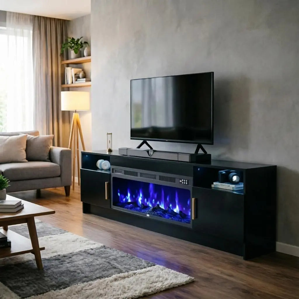 70" Black Wood Fireplace TV Stand With Fireplace Homeroots Living Room