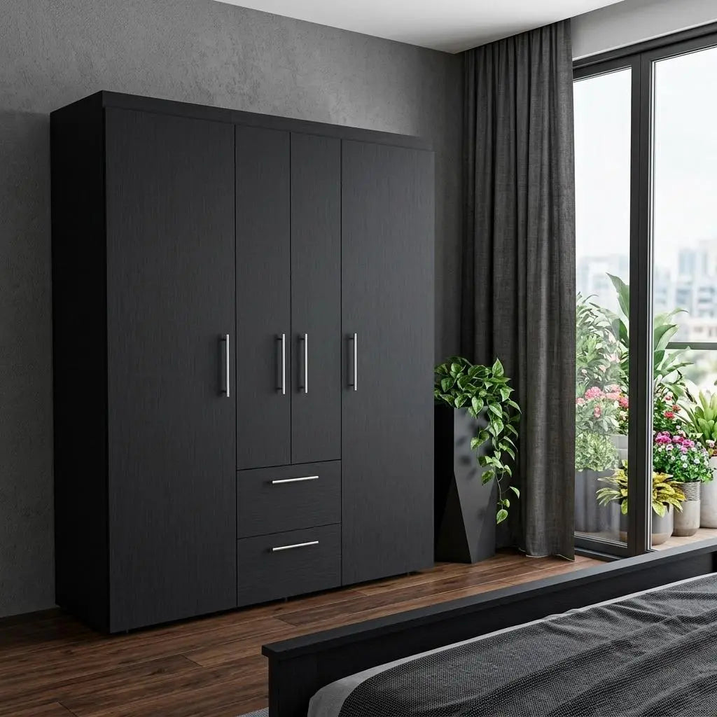 70" Black Wood Four Door Two Drawer Combo Dresser Homeroots Bed & Bath