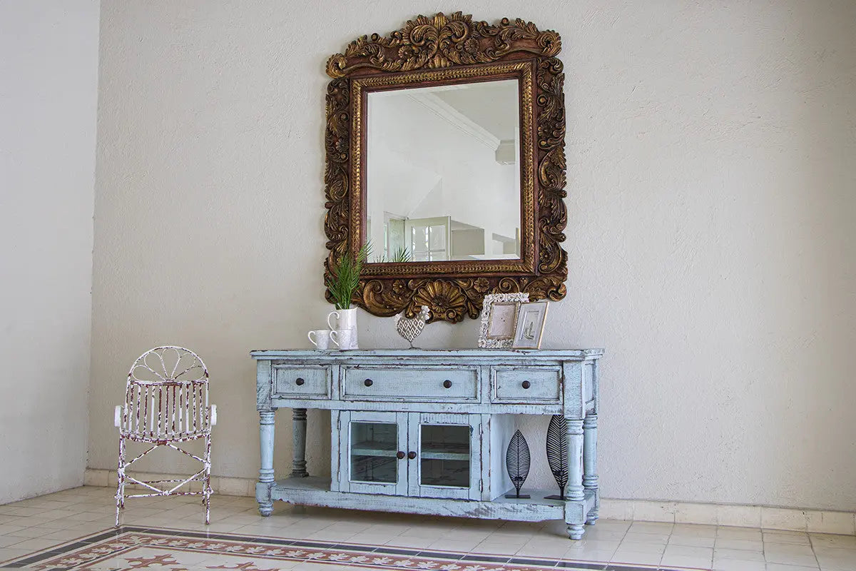 70" Blue Solid Wood Open shelving Distressed TV Stand Homeroots Living Room