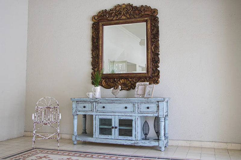 70" Blue Solid Wood Open shelving Distressed TV Stand Homeroots Living Room