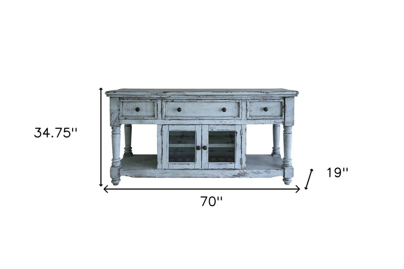 70" Blue Solid Wood Open shelving Distressed TV Stand Homeroots Living Room