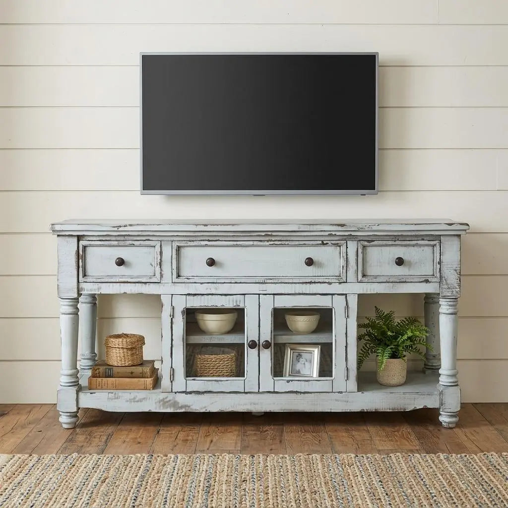70" Blue Solid Wood Open shelving Distressed TV Stand Homeroots Living Room