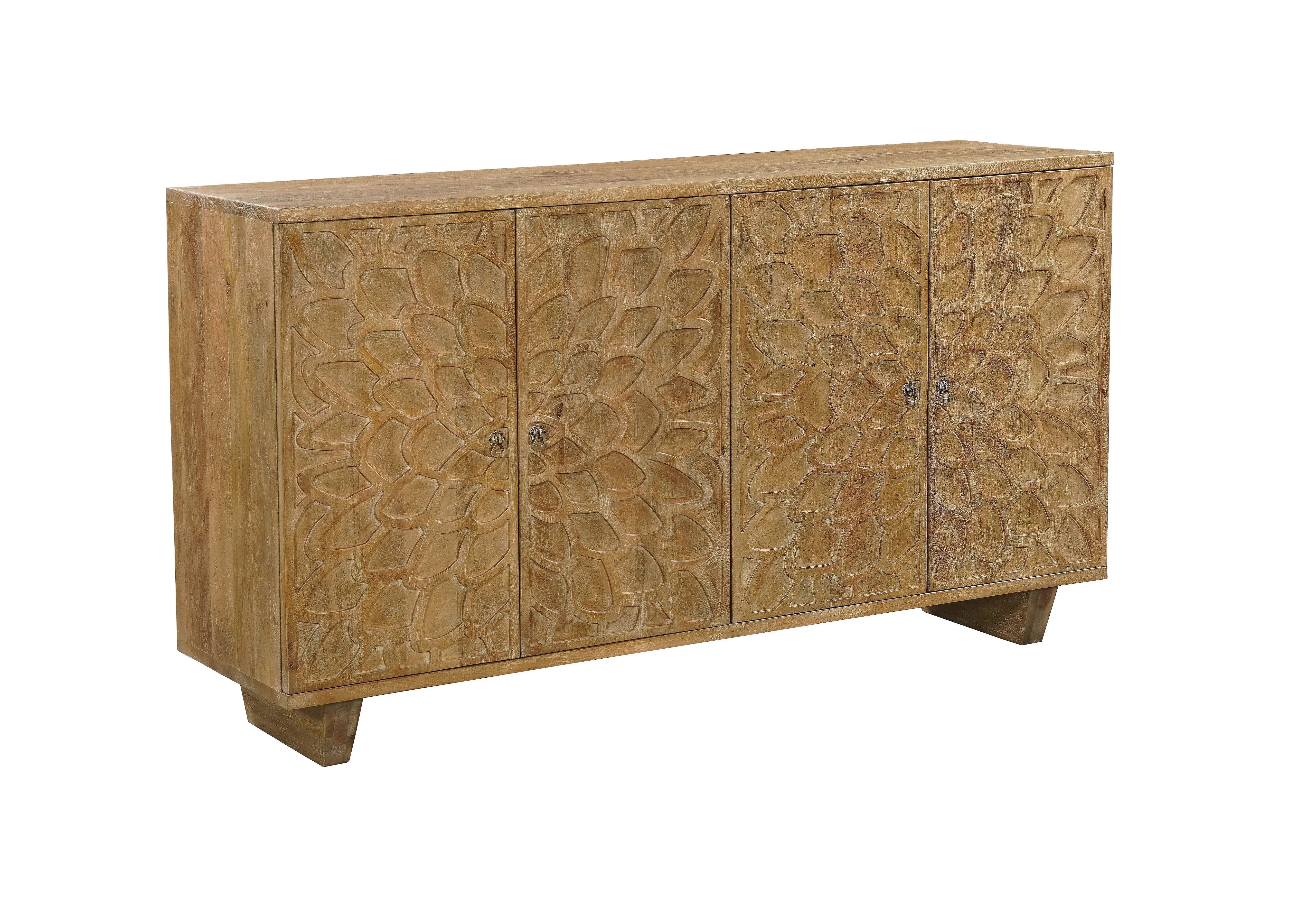 70" Brown Distressed Solid Wood Carved Floral Sideboard with Four Doors - GreatEagleInc