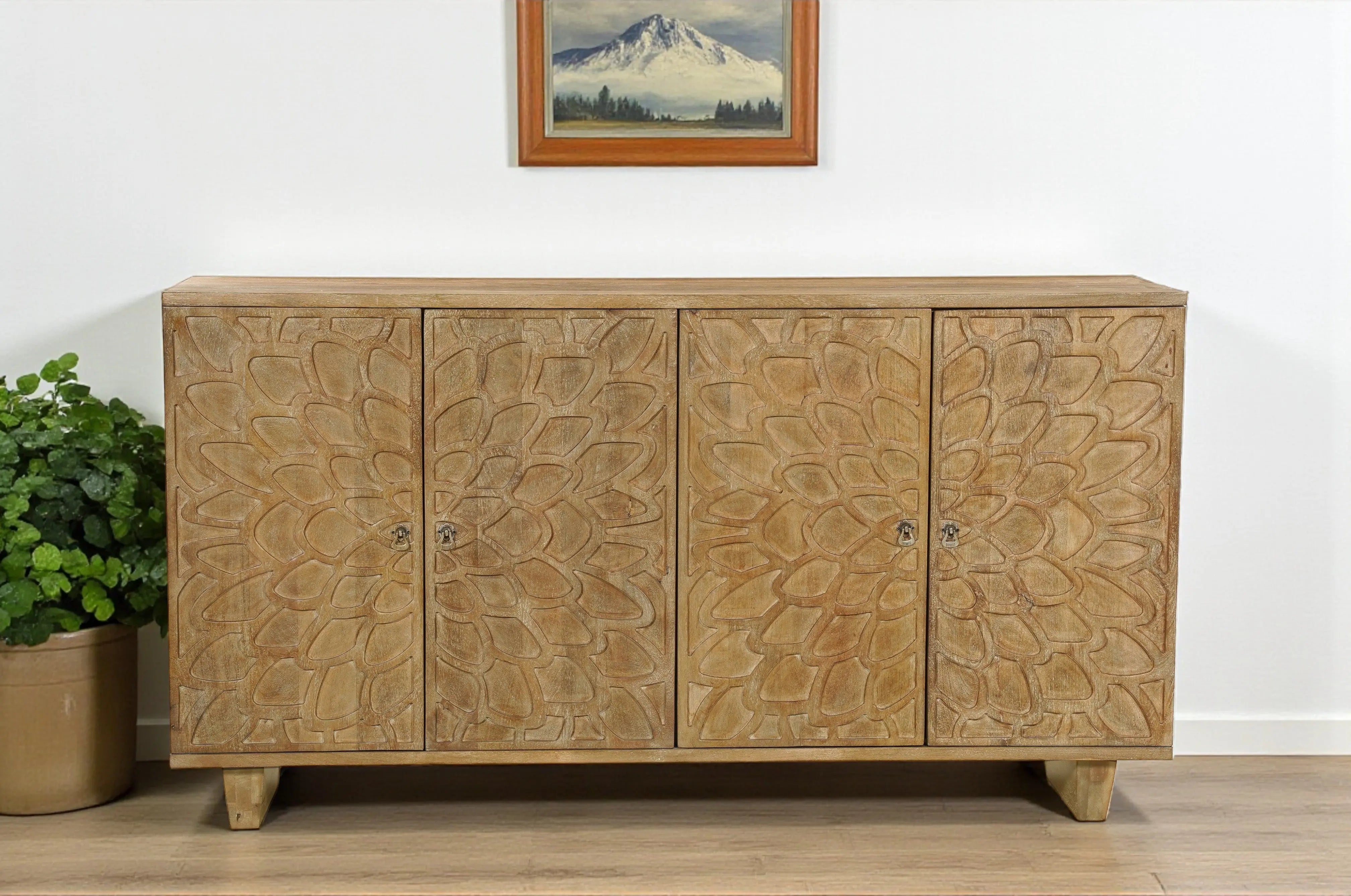 70" Brown Distressed Solid Wood Carved Floral Sideboard with Four Doors - GreatEagleInc