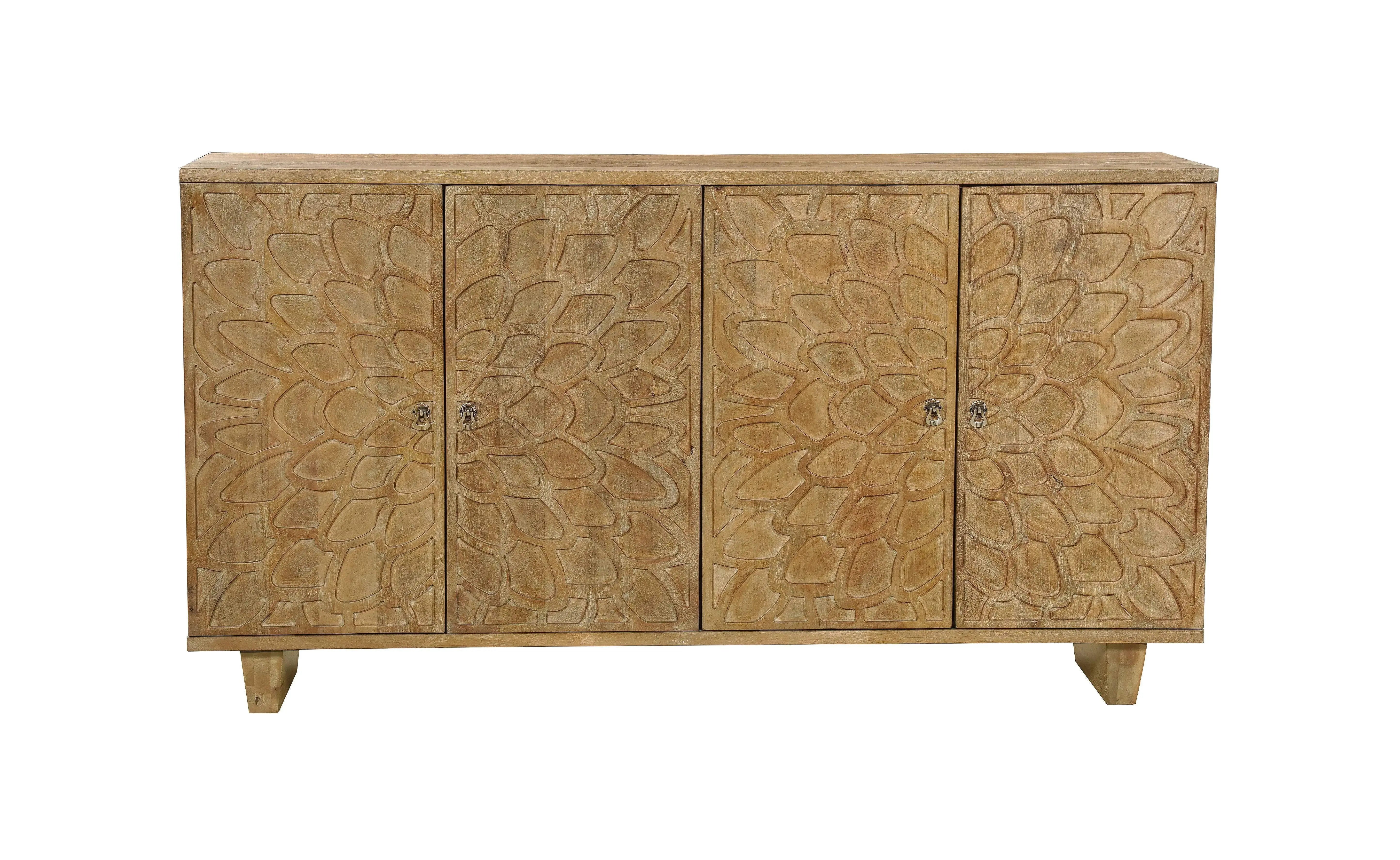 70" Brown Distressed Solid Wood Carved Floral Sideboard with Four Doors - GreatEagleInc