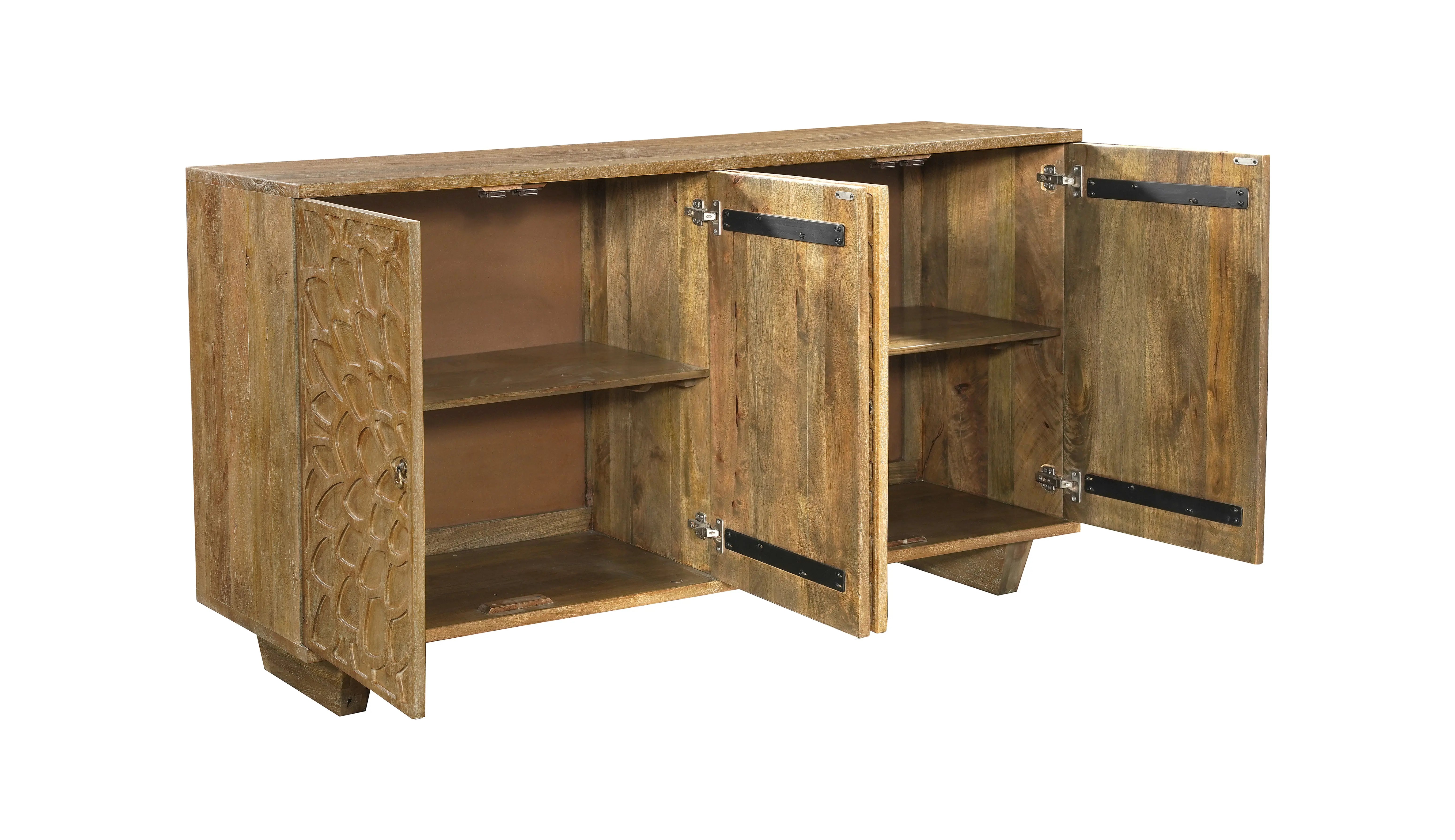 70" Brown Distressed Solid Wood Carved Floral Sideboard with Four Doors - GreatEagleInc