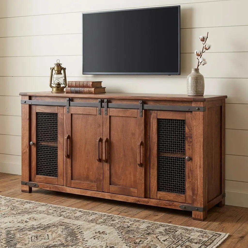 70" Brown Solid Wood Cabinet Enclosed Storage Distressed TV Stand Homeroots Living Room
