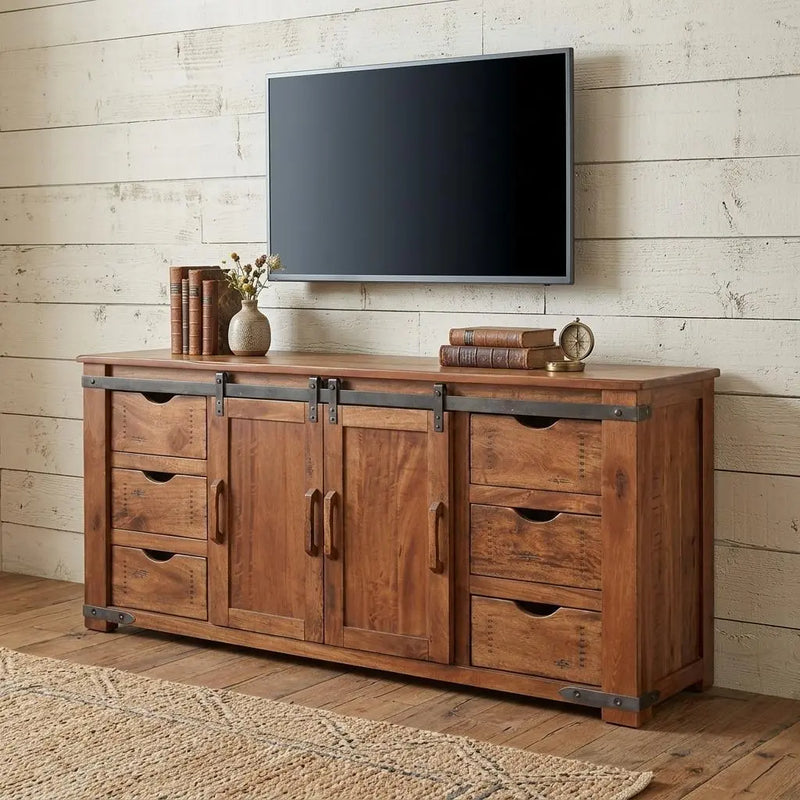 70" Brown Solid Wood Enclosed Storage Distressed TV Stand Homeroots Living Room