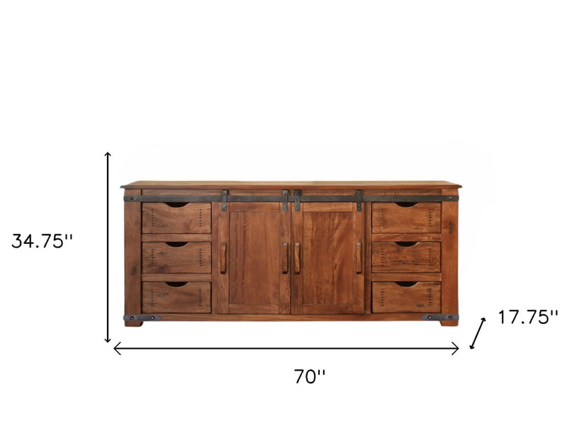 70" Brown Solid Wood Enclosed Storage Distressed TV Stand Homeroots Living Room