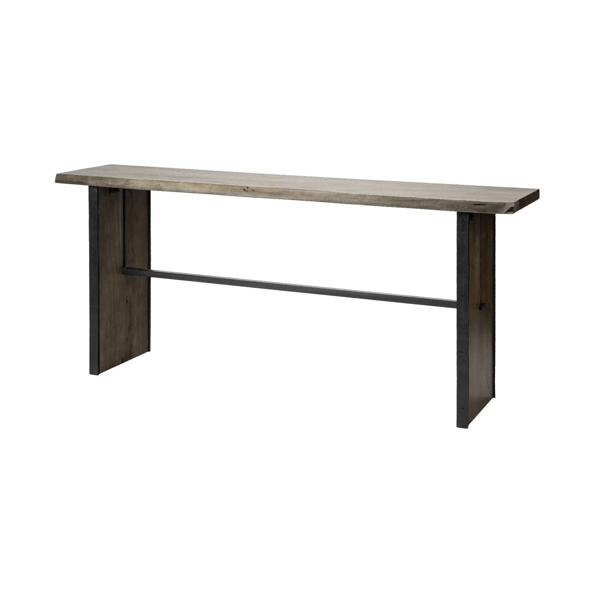 Rustic oak console table with a natural finish and black metal accents, perfect for modern or industrial decor.