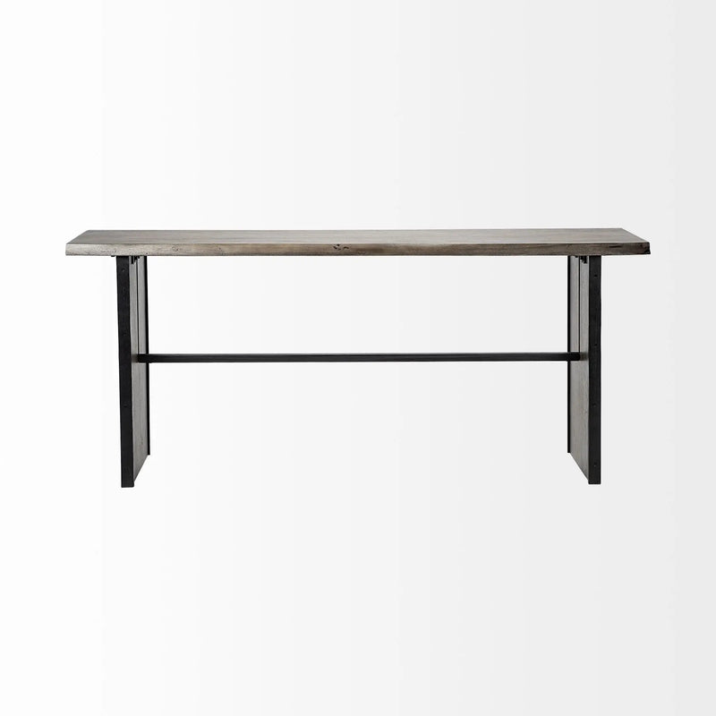 Rustic gray wooden console table with black metal frame, perfect for entryways or living rooms.