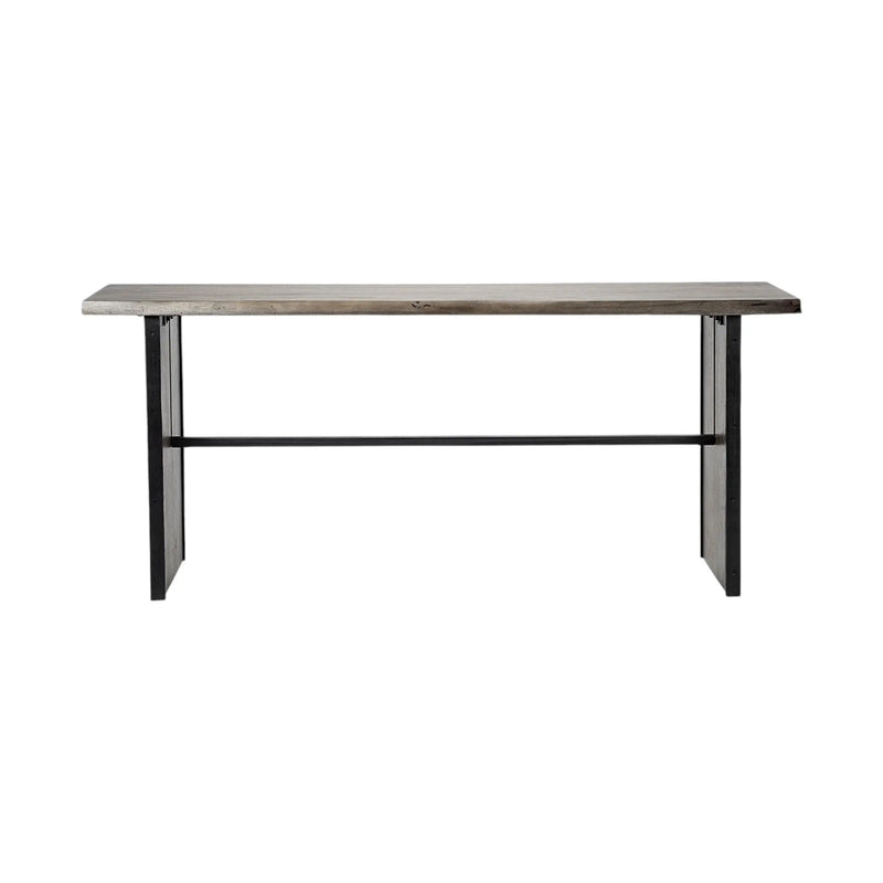 Rustic brown wood console table with black metal legs, perfect for modern or industrial home decor.