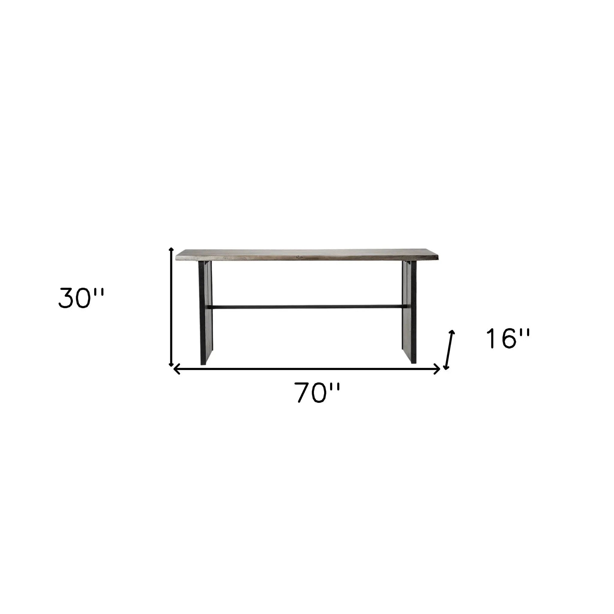 Modern 70" wooden console table with a rustic oak finish and sleek black metal legs, perfect for entryways or living rooms.