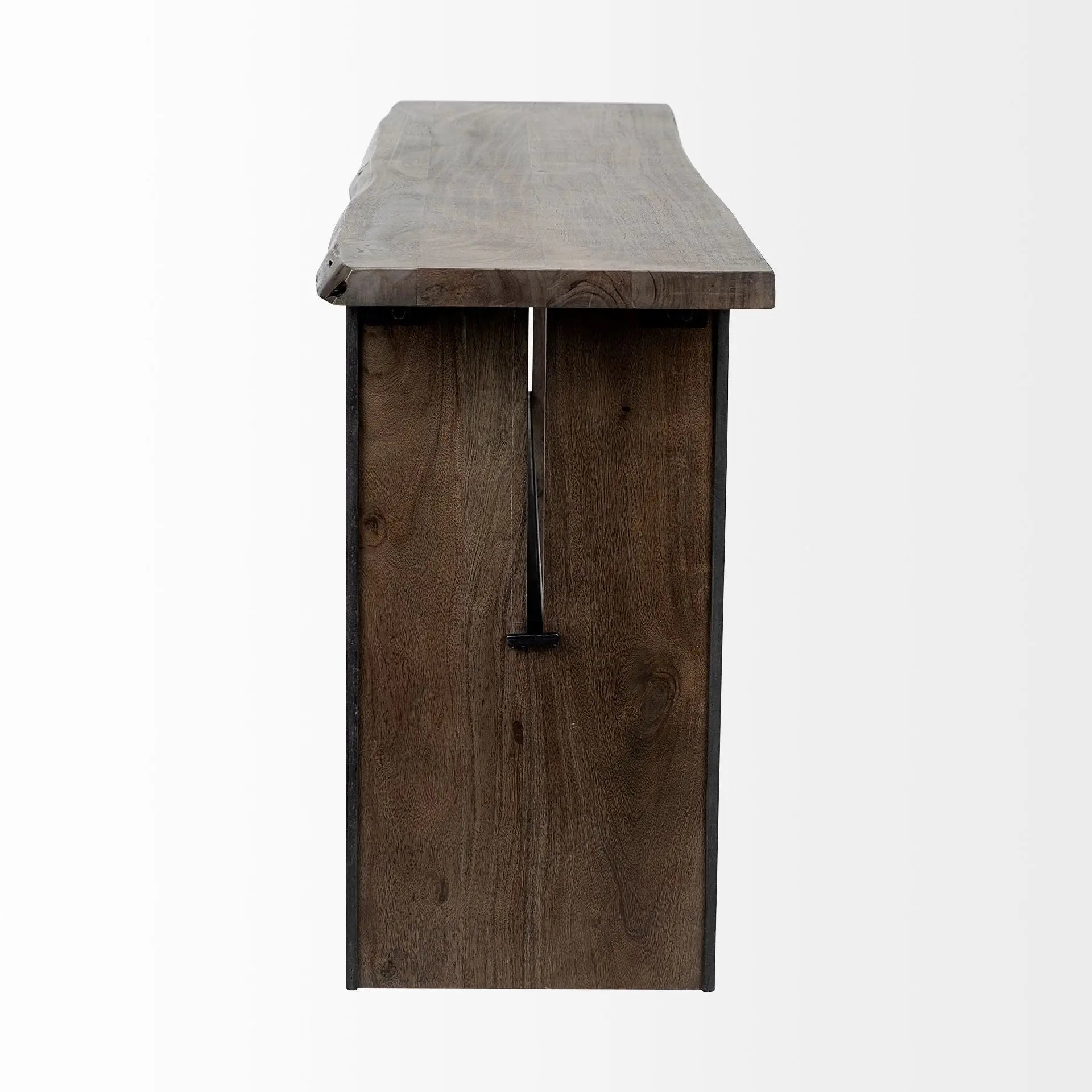 Rustic brown wood console table with a live edge and black metal frame, perfect for modern or industrial decor.