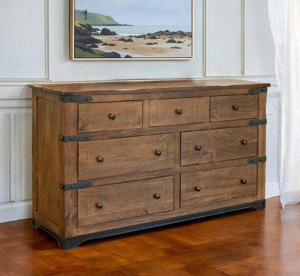 70" Brown and Black Solid Wood Seven Drawer Triple Dresser - GreatEagleInc