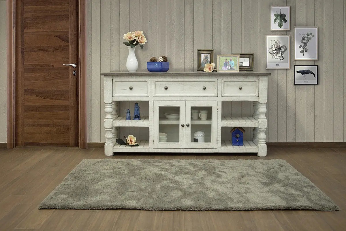 70" Ivory Solid Wood Open shelving Distressed TV Stand Homeroots Living Room