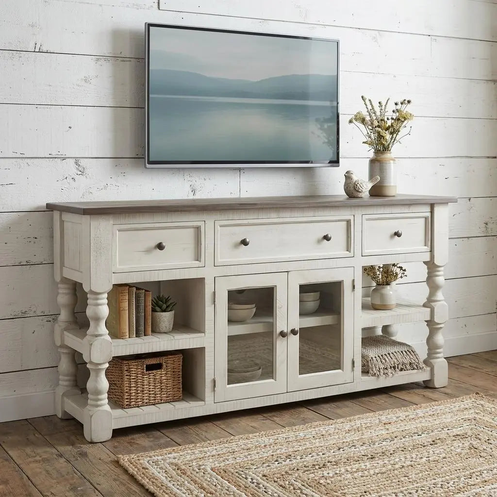 70" Ivory Solid Wood Open shelving Distressed TV Stand Homeroots Living Room