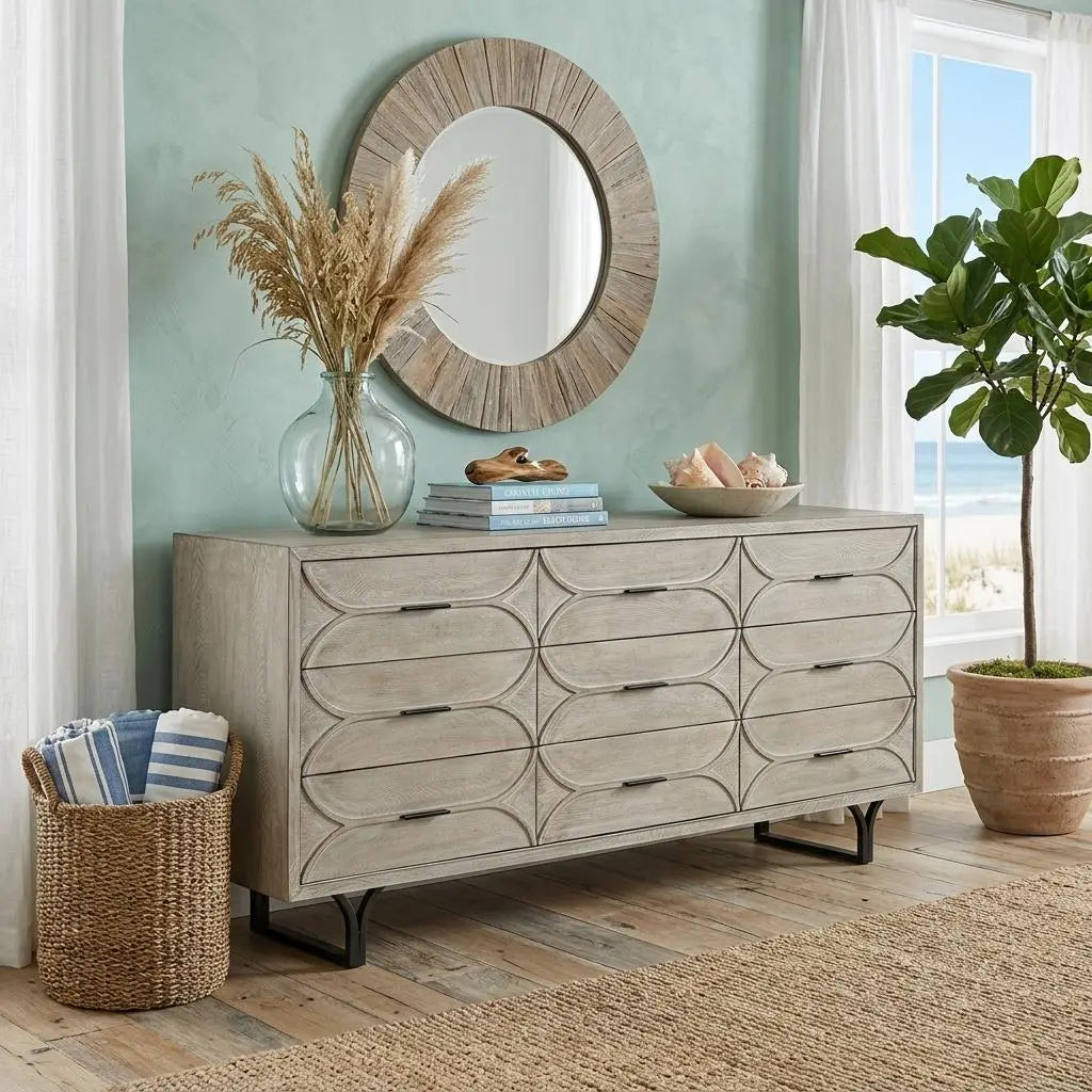 70" Light Brown Solid Wood Nine Drawer Sideboard Homeroots Kitchen & Dining