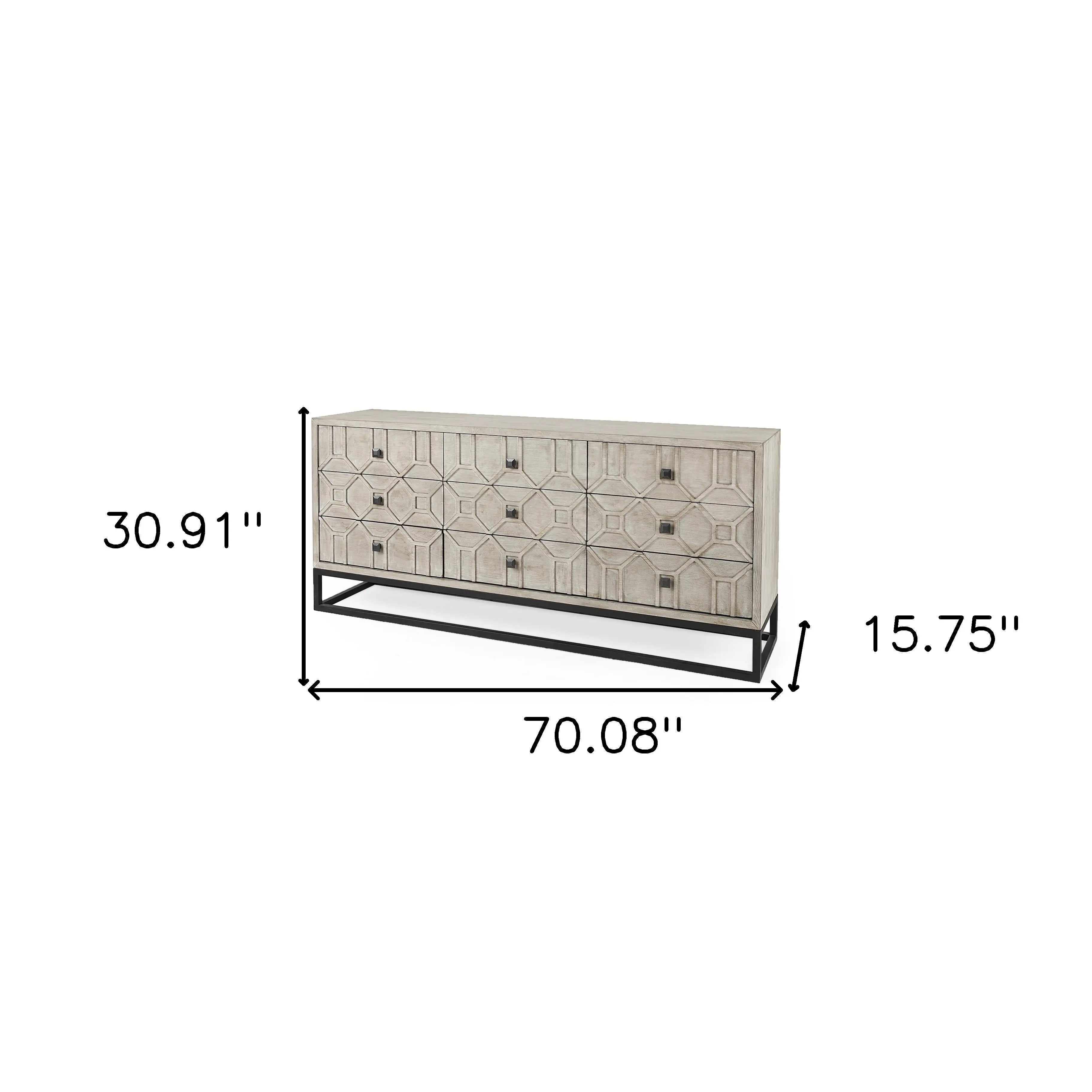 70" Light Brown Wood Carved Geometric Nine Drawer Sideboard Homeroots Kitchen & Dining