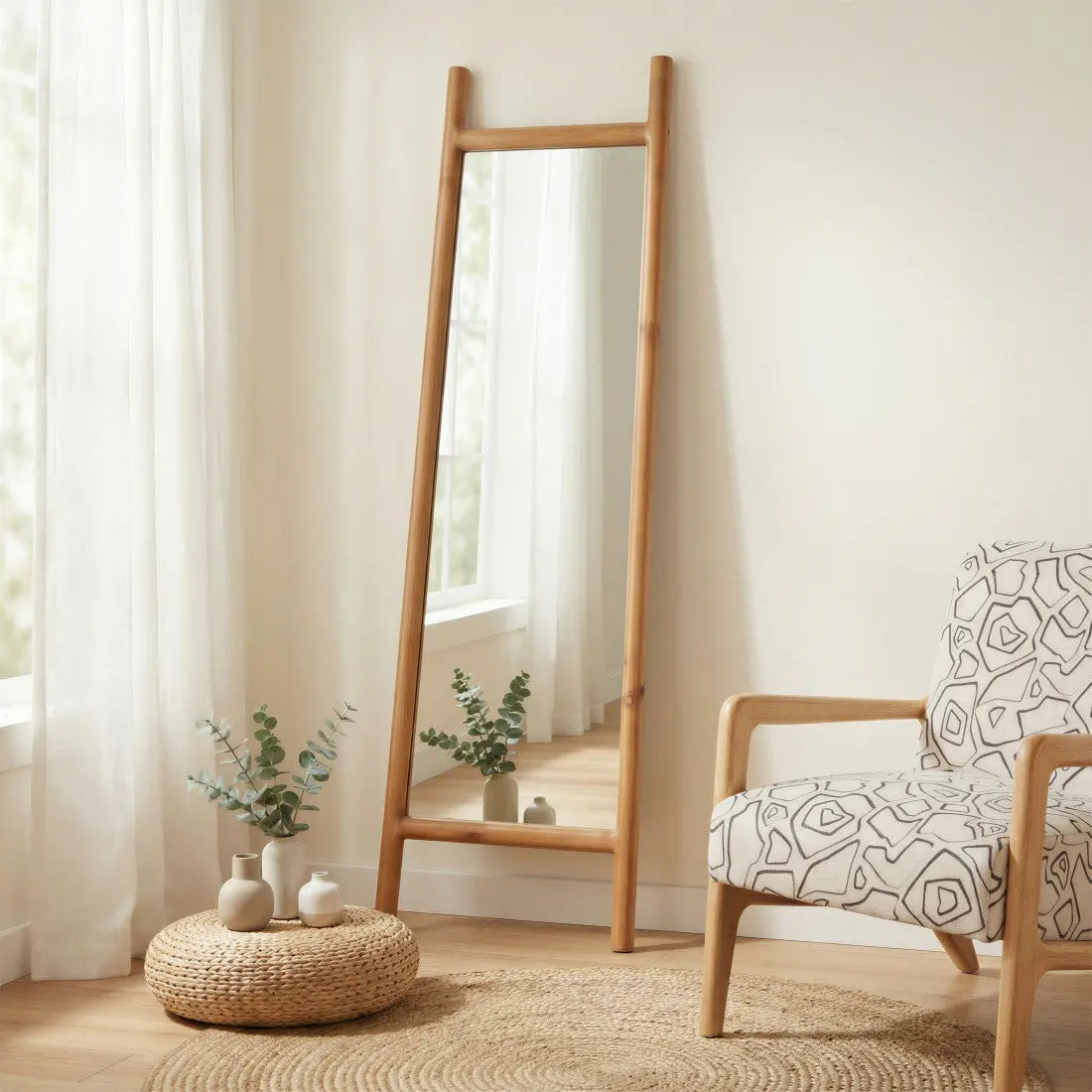 70" Natural Solid Wood Leaning Geometric Framed Standing Mirror Homeroots Bed & Bath