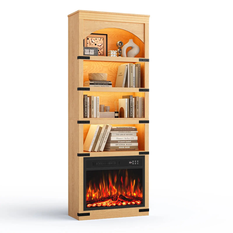 70" Natural Wood Four Tier USB Bookcase Homeroots Office