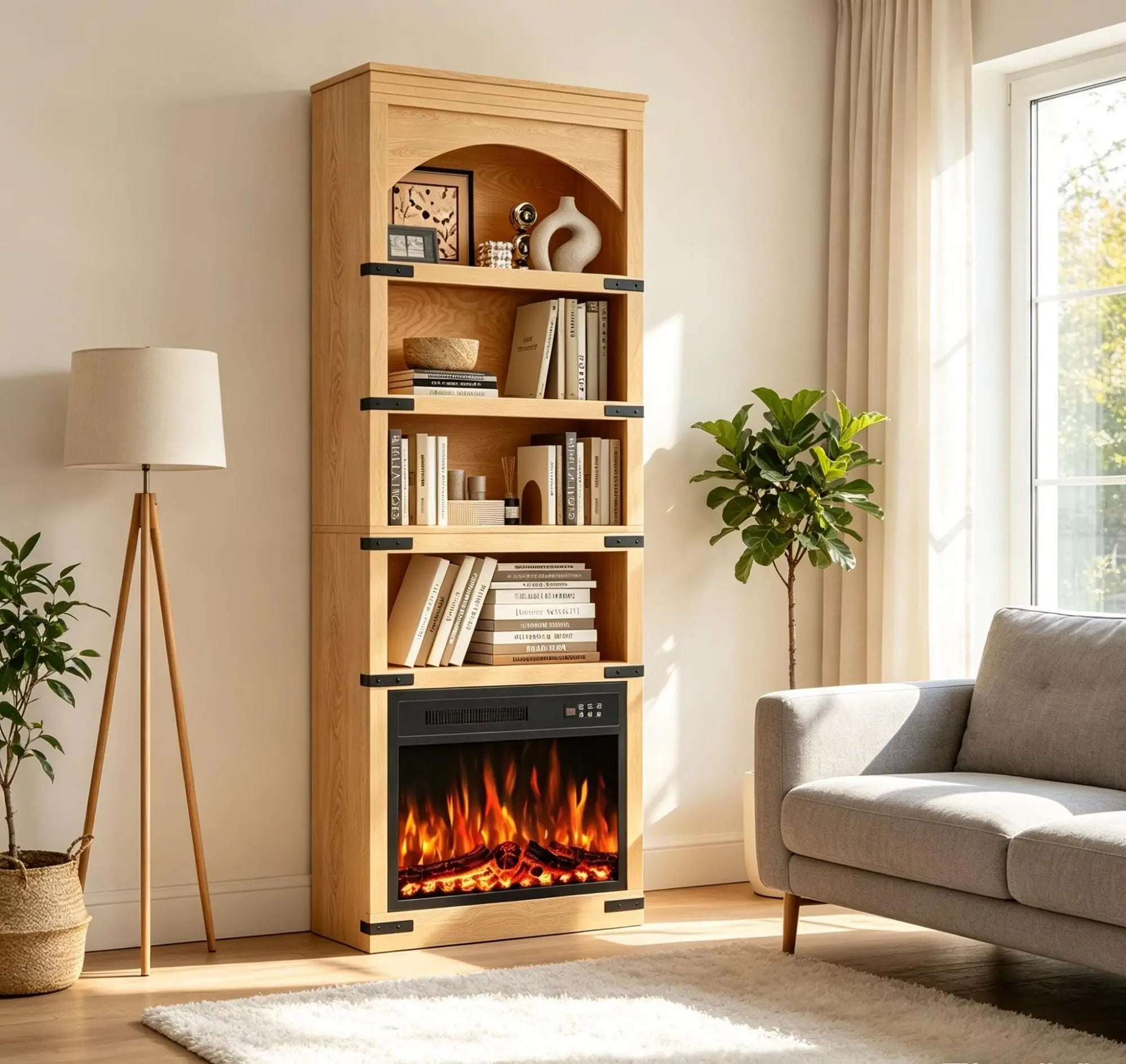 70" Natural Wood Four Tier USB Bookcase Homeroots Office