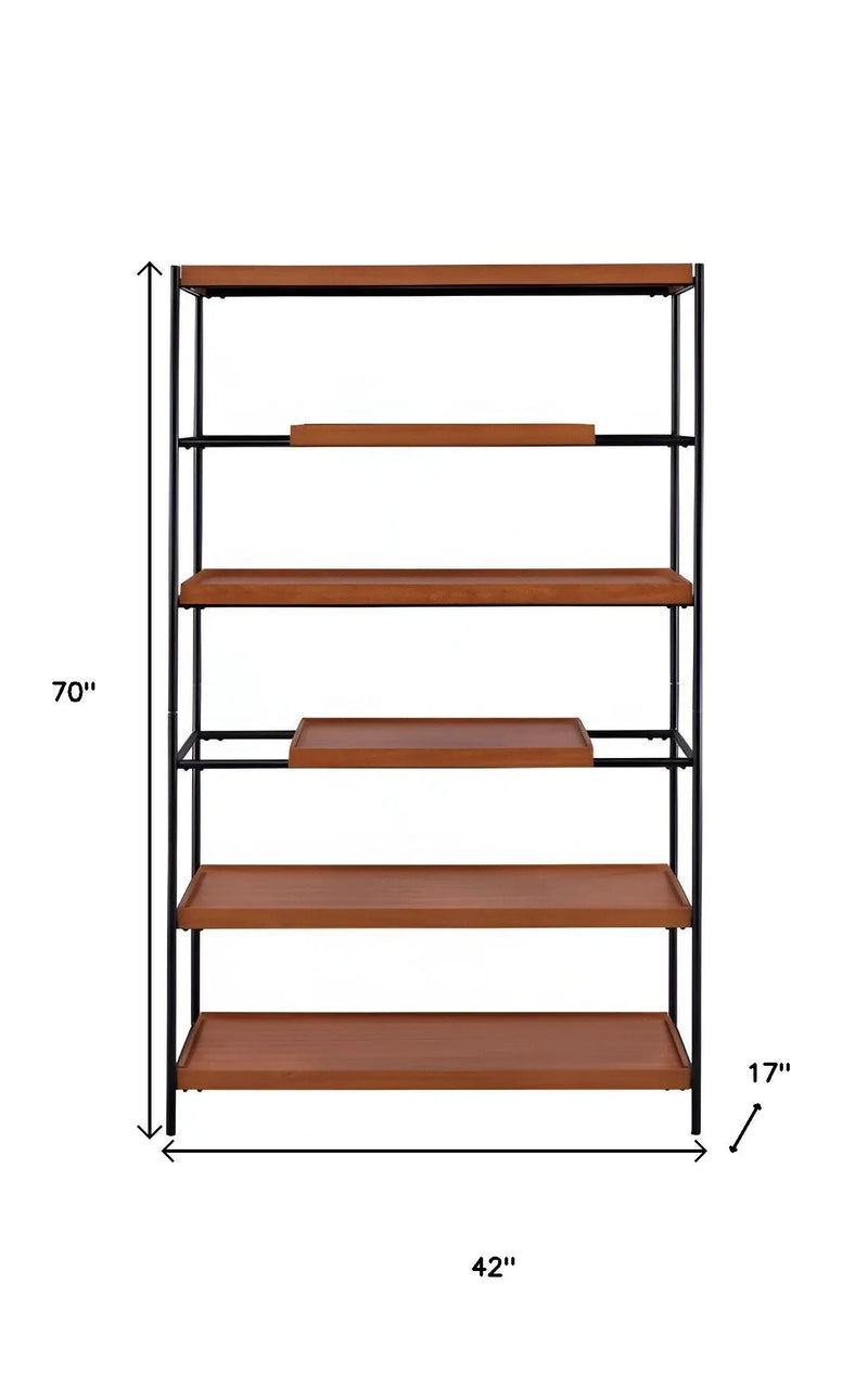 70" Oak And Black Metal and Wood Six Tier Etagere Bookcase Homeroots Office