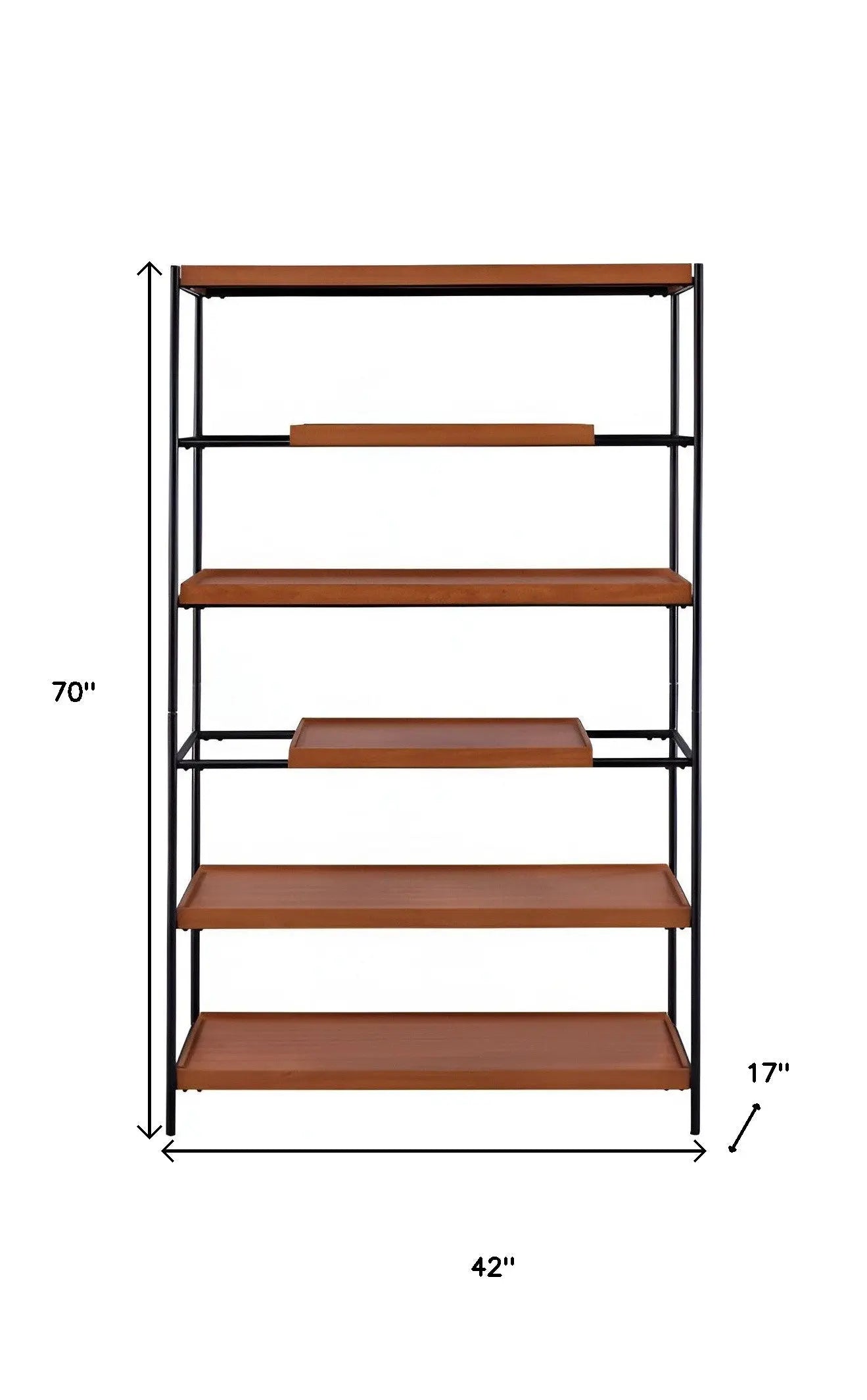 70" Oak And Black Metal and Wood Six Tier Etagere Bookcase Homeroots Office