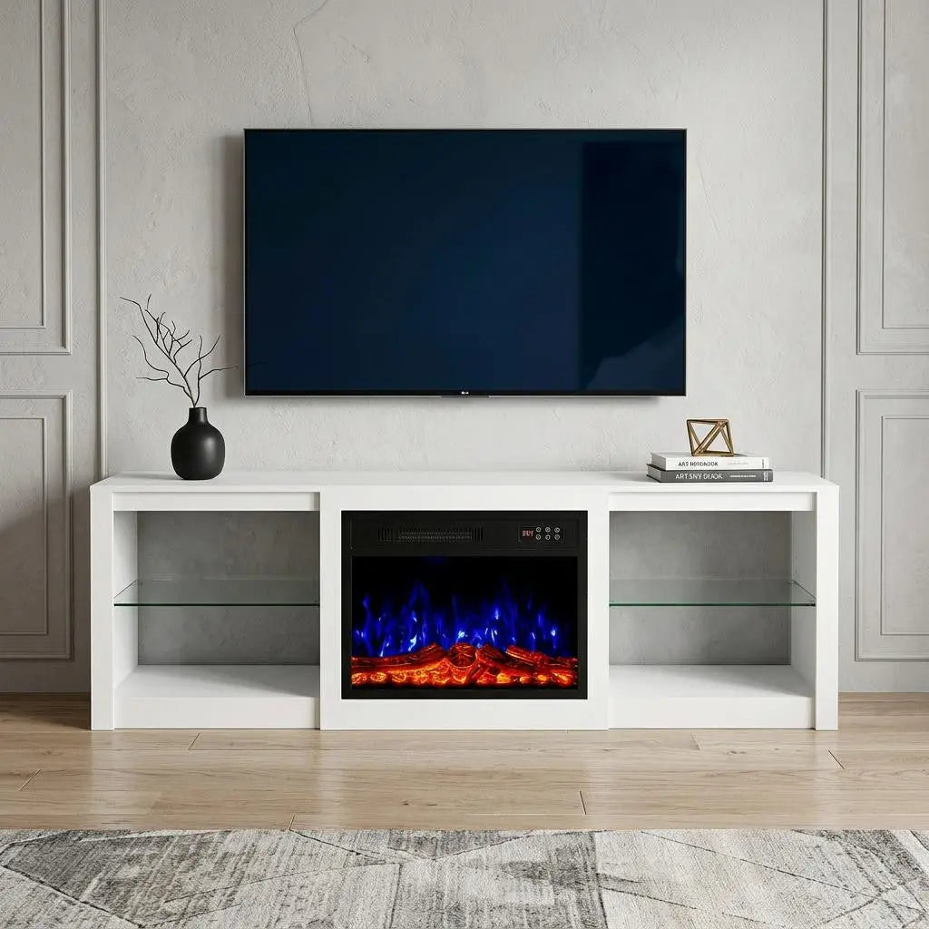 70" White Wood Fireplace Entertainment Center With Fireplace Homeroots