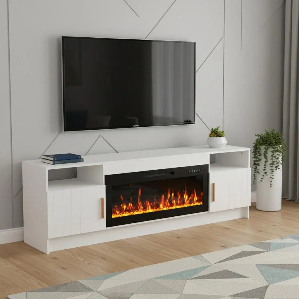 70" White Wood Fireplace Entertainment Center With Fireplace Homeroots Living Room