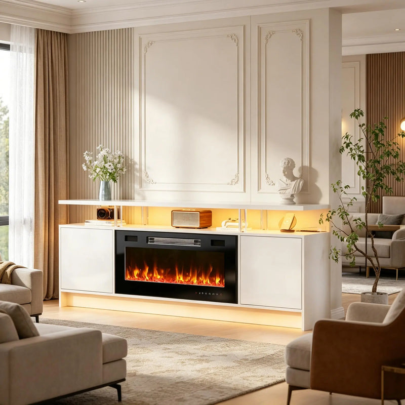 70" White Wood Fireplace TV Stand With Fireplace Homeroots Living Room