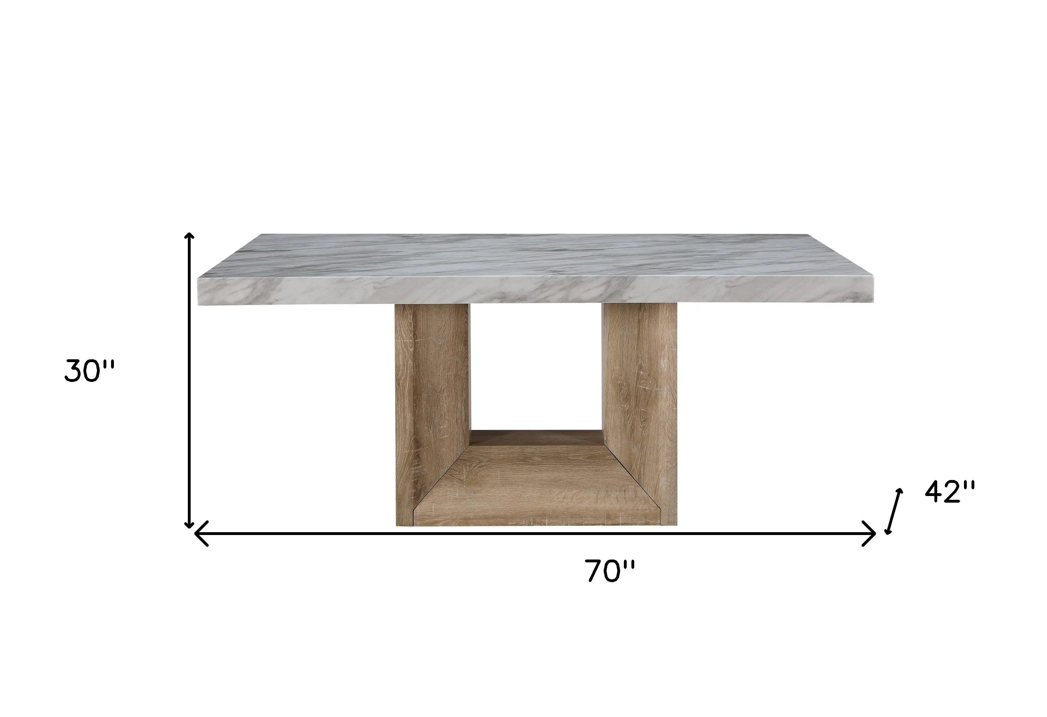 70" White and Natural Faux Marble and Wood Pedestal Base Dining Table Homeroots Kitchen & Dining