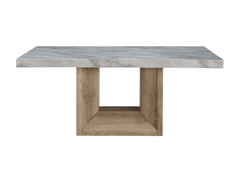 70" White and Natural Faux Marble and Wood Pedestal Base Dining Table Homeroots Kitchen & Dining