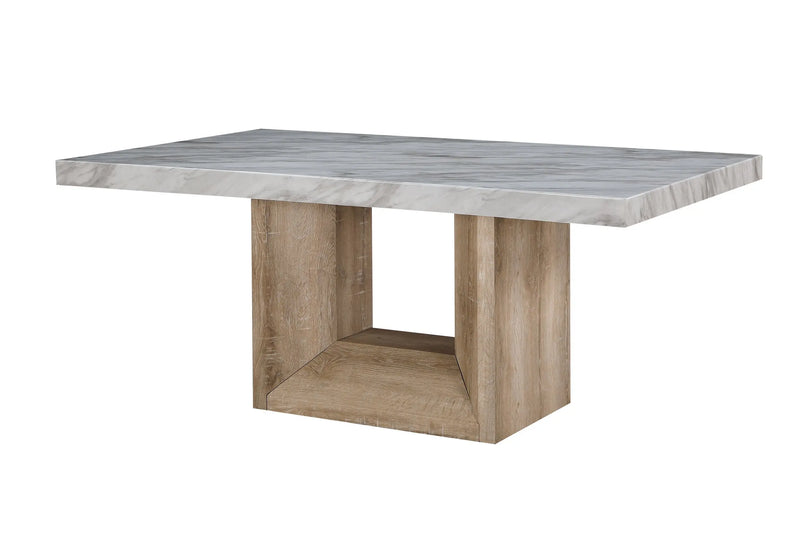 70" White and Natural Faux Marble and Wood Pedestal Base Dining Table Homeroots Kitchen & Dining