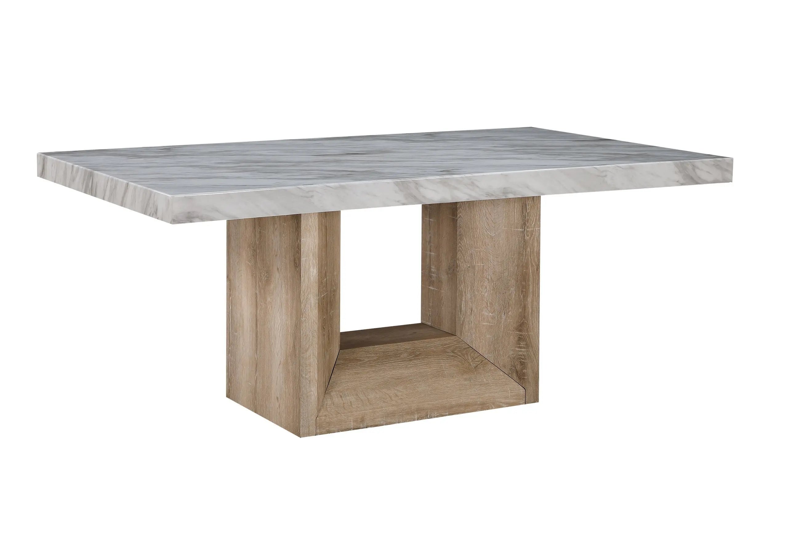 70" White and Natural Faux Marble and Wood Pedestal Base Dining Table Homeroots Kitchen & Dining