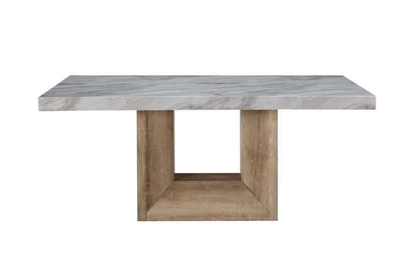 70" White and Natural Faux Marble and Wood Pedestal Base Dining Table Homeroots Kitchen & Dining