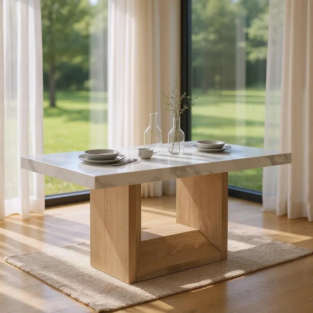 70" White and Natural Faux Marble and Wood Pedestal Base Dining Table Homeroots Kitchen & Dining